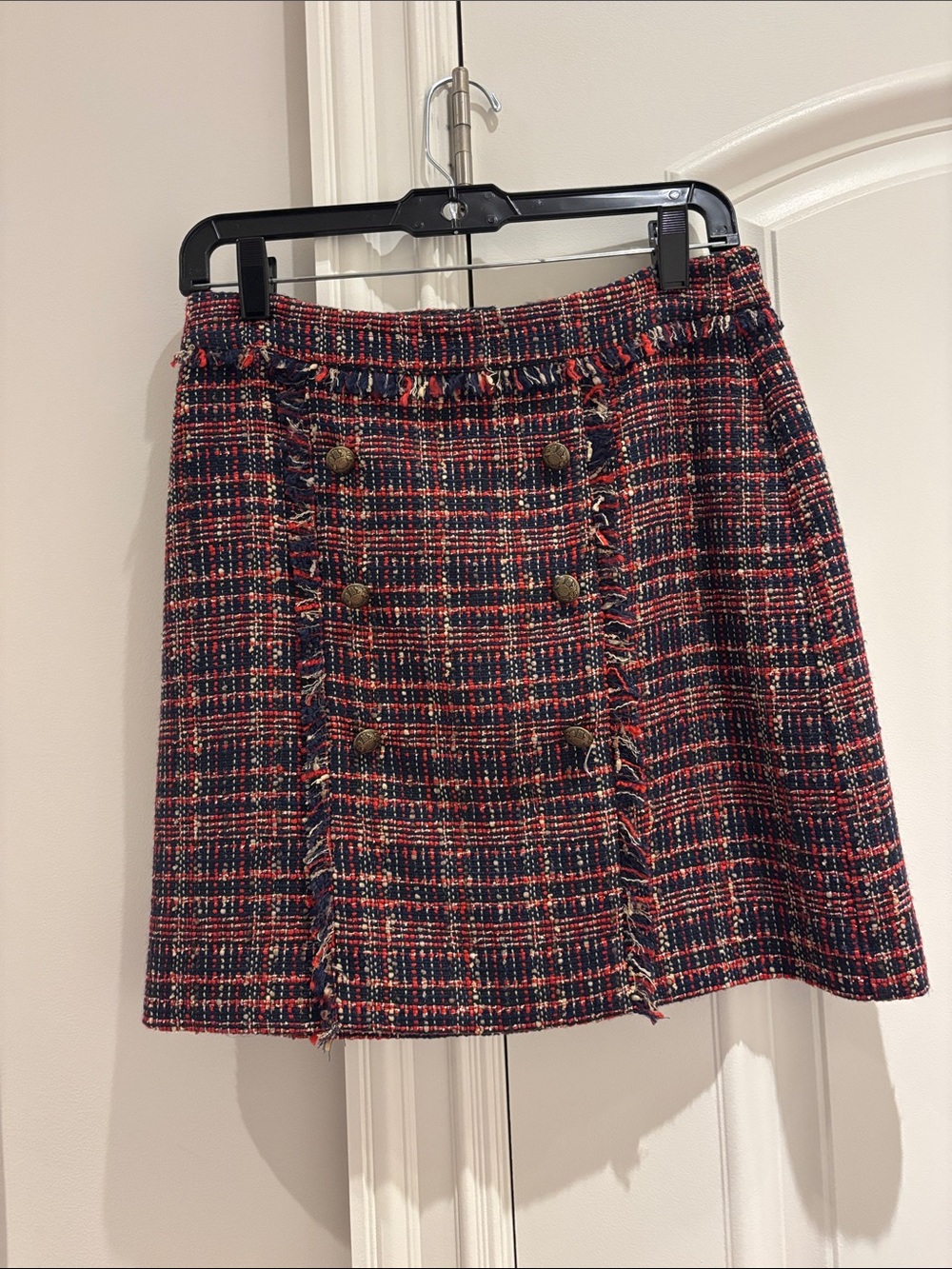 Plaid Tweed Mini Skirt with Brass Buttons - Red and Navy